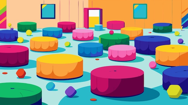 Vector brightly colored ottomans tered throughout the room