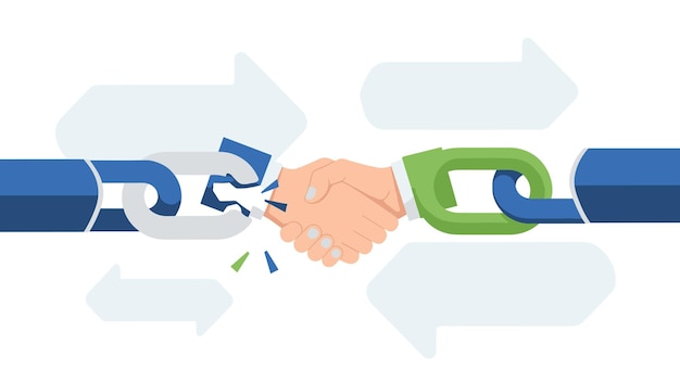 Vector broken chain link handshake symbolizing partnership and agreement