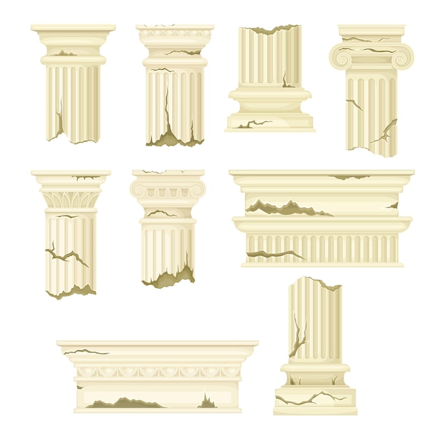 Vector broken marble pillars set stone column ruins ancient building architectural element vector illustration