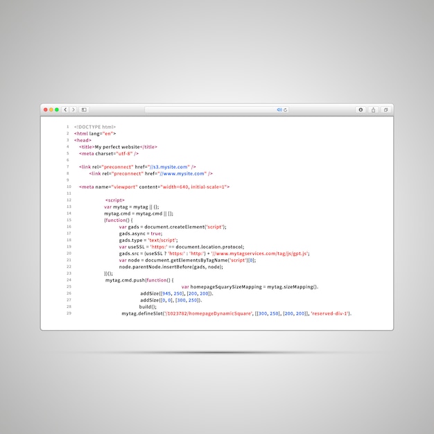Vector browser window with simple html code of web page