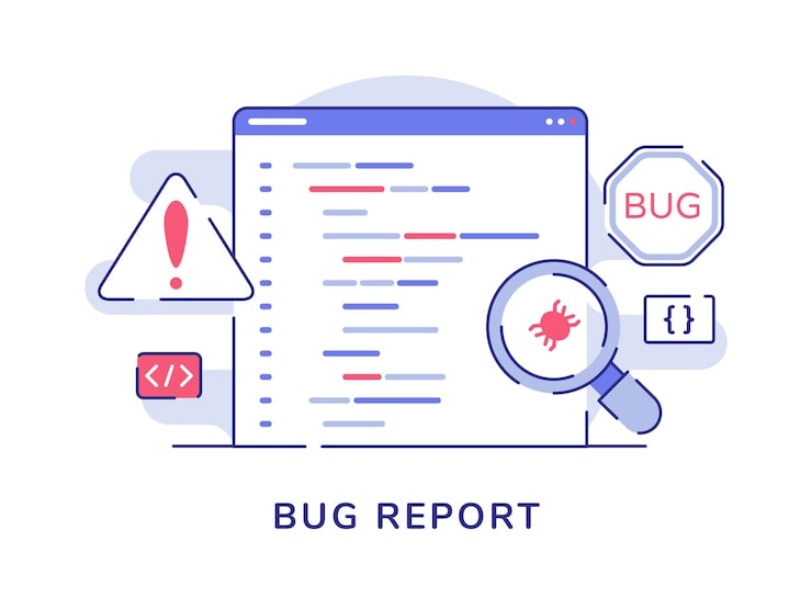 Bug report concept magnifying bug on program software computer with flat outline style