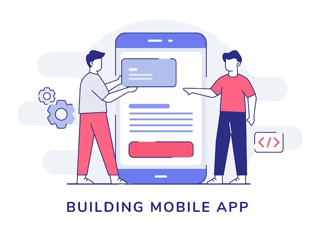 building mobile app character collaboration programmer developer around big smartphone with outline style