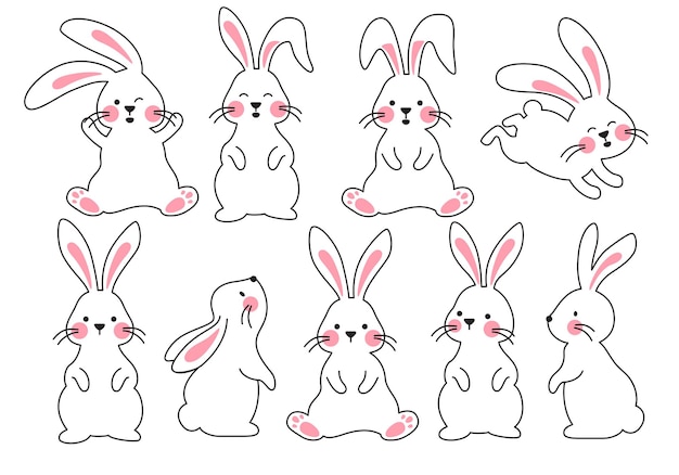 Vector bunny easter outline clipart set rabbit line drawing clip art flat collection in sitting hopping
