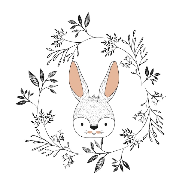 Vector bunny face in decorative frame of branches 