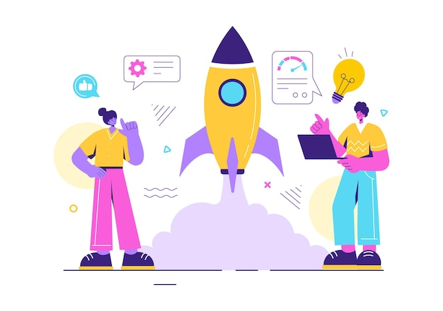 Vector business boost vector illustration with a digital marketing rocket company career success in development and profit increase on a flat background