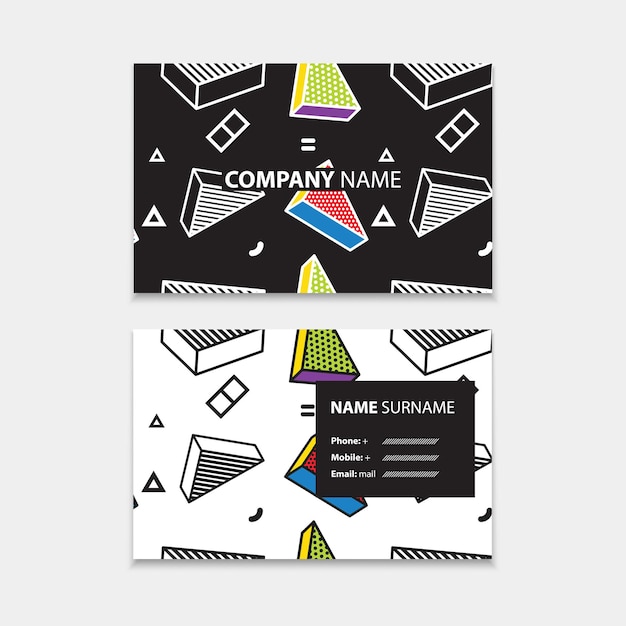 Vector business card template with seamless pattern with 3d graphics in pop art style, horizontal template, layout in rectangle size.