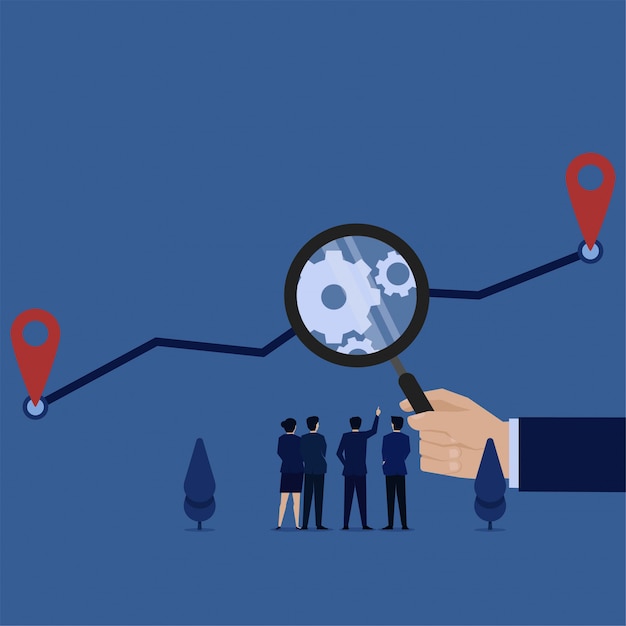 Vector business flat vector concept hand hold magnify to scale up the chart metaphor of process analysis.
