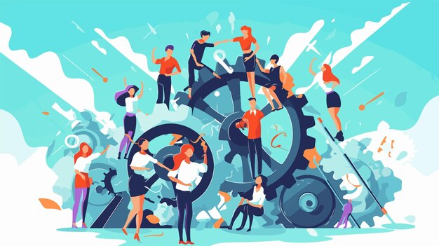 Vector business people on cog wheel teamwork and efficiency concept