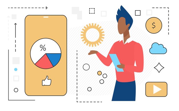 Vector business people research data information workflow management on digital data analysis