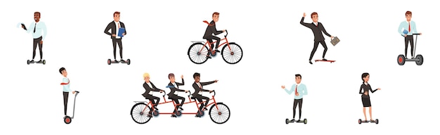 Vector business people using eco friendly transport vector set