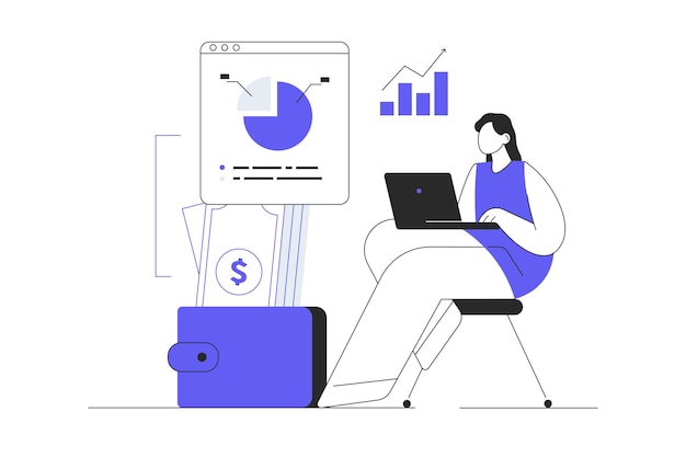 Vector business planning financial success woman researching data graphs financial report with progress