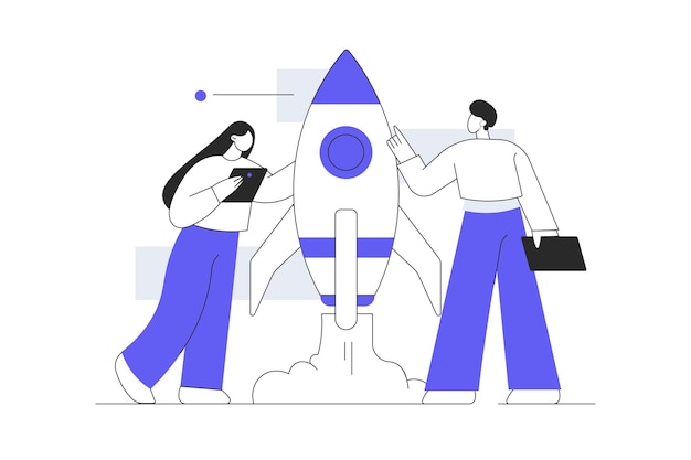 Vector business planning woman and man characters creates financial strategy launches successful startup