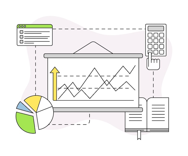 Vector business and startup development with profit chart and calculator vector line composition
