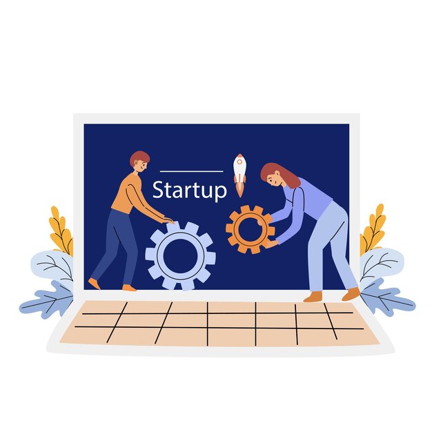 Vector business team preparing startup launch assembling gears rocket on background