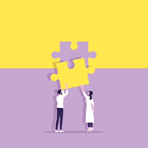 Vector business team standing with holding puzzle in hands putting in jigsaw