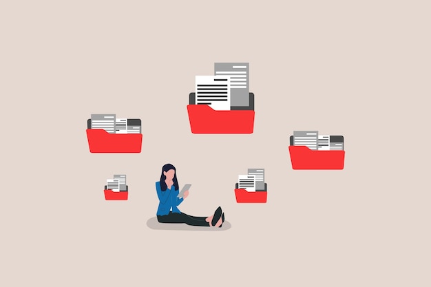 Vector business woman sends file documents from a laptop concept of data center server cloud computing internet advertising and email