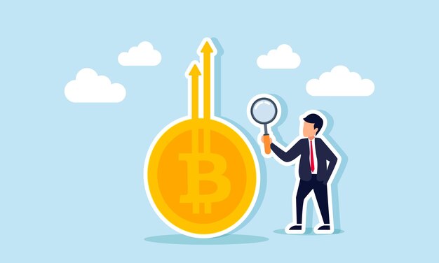 Vector a businessman analyzing an increasing bitcoin graph with a magnifying glass