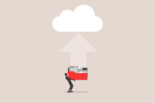 Vector businessman backup file upload on the cloud concept of data transfer via cloud technology large online database with modern fast and secure internet