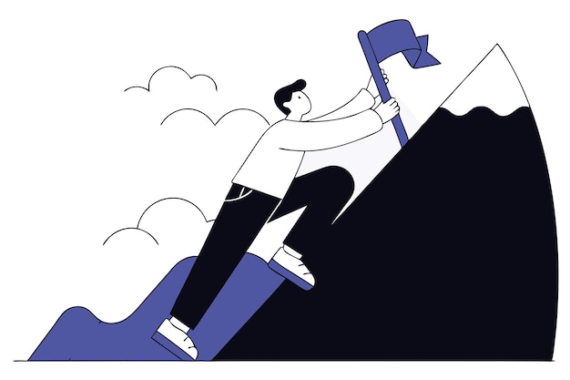 Vector businessman climbs the mountain peak success concept goals achievement vector flat illustration