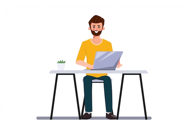 Vector businessman is programmer developer working with a laptop computer.