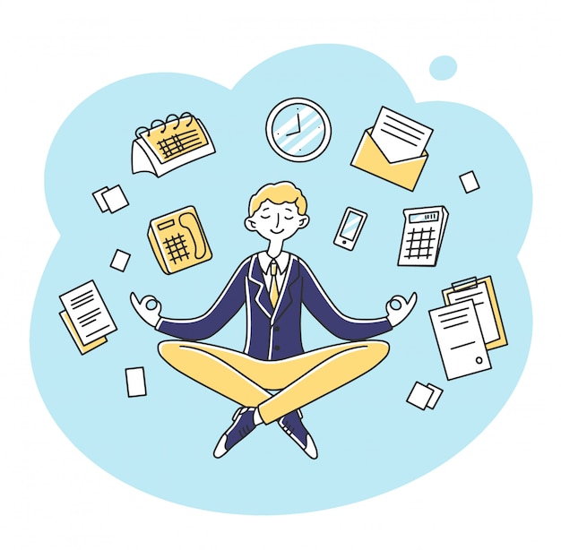 Vector businessman meditating at workplace illustration