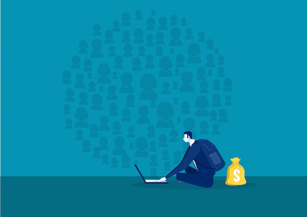 Vector businessman searching on social network