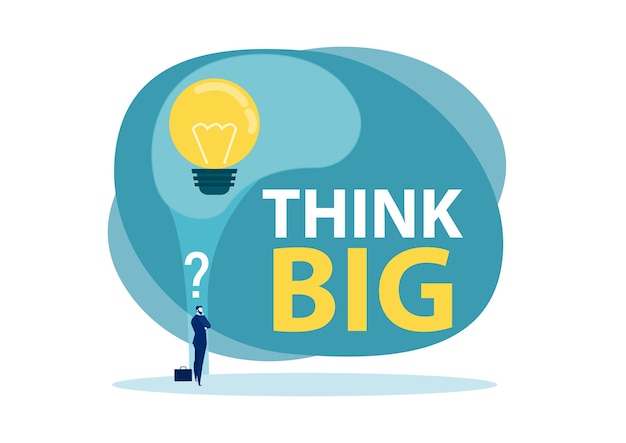 Vector businessman standing idea with lightbulb on human head thinking big design flat