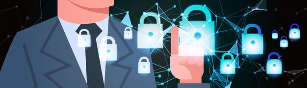 Vector businessman touch virtual padlock 