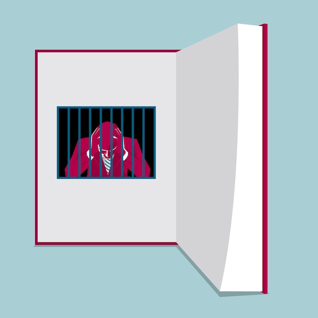 Vector a businessman trapped by knowledge. isolated on blue background.