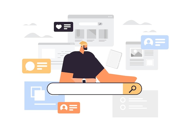 Vector businessman using web browser man searching information web page data analyzing online network search engine optimization