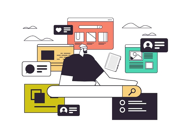 Vector businessman using web browser man searching information web page data analyzing online network search engine optimization