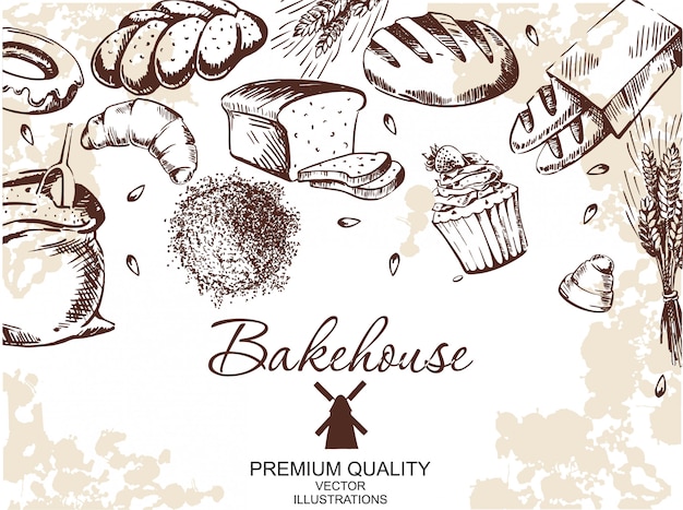Vector   card design with ink hand drawn baking illustration.