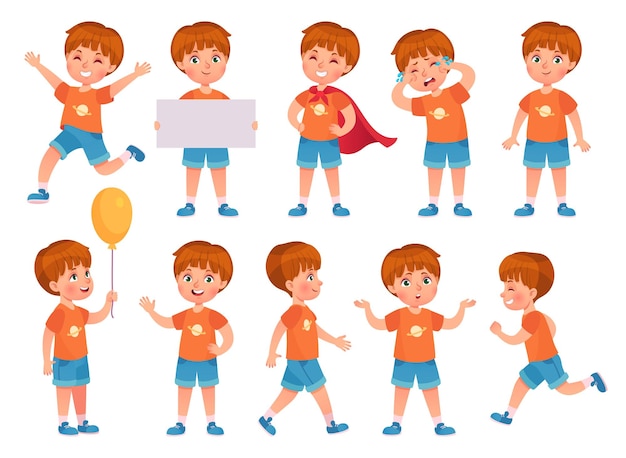 Vector cartoon boy character various poses gestures and expression standing walking and running vector set