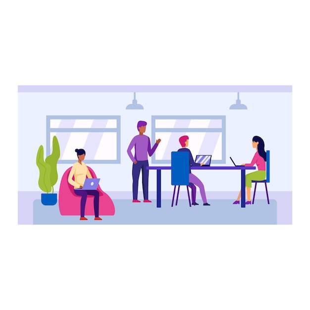 Vector cartoon characters talking and working together in office