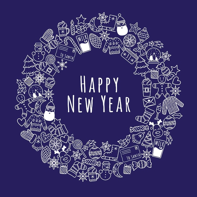 Vector  cartoon christmas or new year wreath banner consisting of white linear icons for cards, etc
