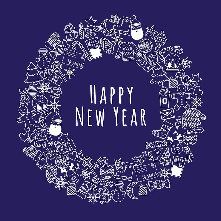 Vector cartoon christmas or new year wreath banner consisting of white linear icons for cards, etc