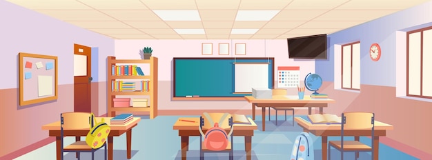 Vector cartoon classroom interior with view on blackboard school desks with chairs bookcase door.