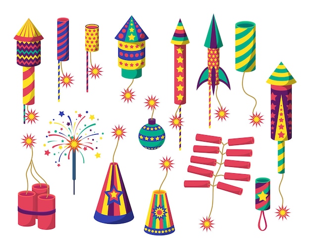 Vector cartoon color different firecracker or pyrotechnics rocket icon set vector