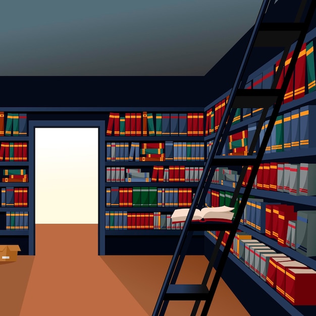 Vector cartoon color library with book shelves interior inside concept vector