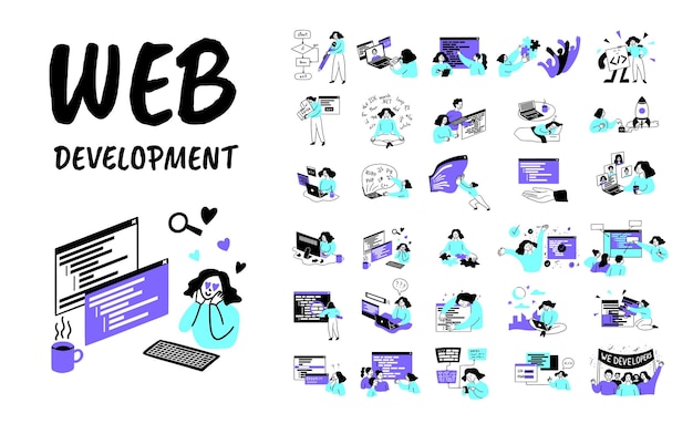 Vector cartoon color web development concept set vector