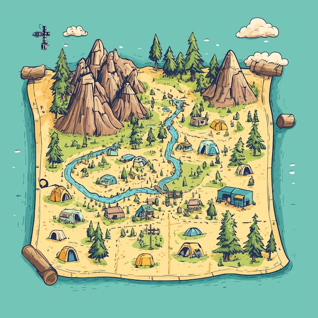 Vector a cartoon drawing of a map with a river and a blue sky