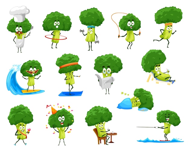 Vector cartoon funny broccoli vegetable characters set