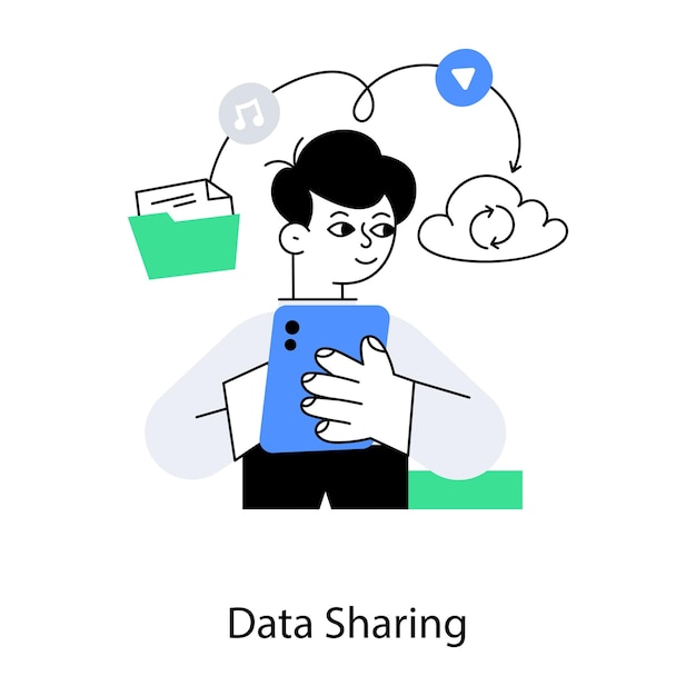 Vector a cartoon of a man holding a phone that says data sharing.