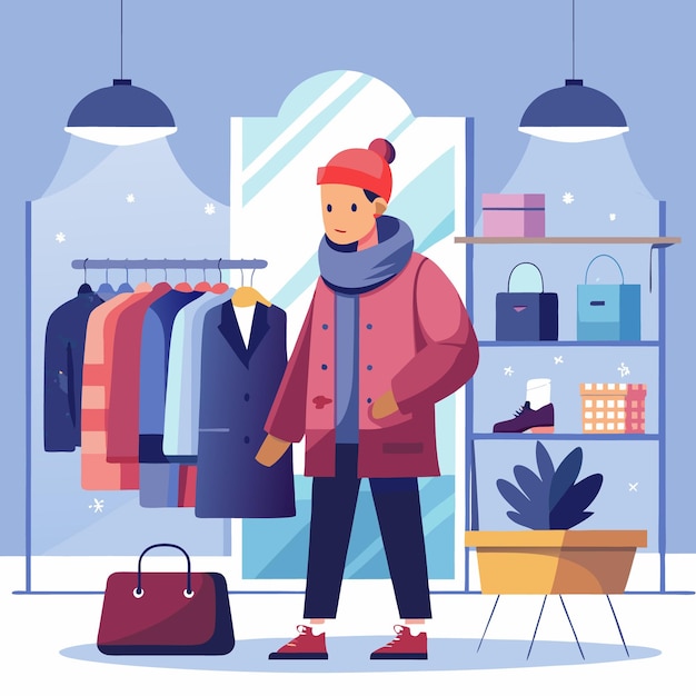 Vector a cartoon of a person in a store with a jacket on the front