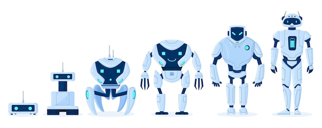 Vector cartoon robot evolution digital bot characters development robots engineering progress from primitive droid to ai cyborg vector illustration set robotics technologies futuristic machine progress
