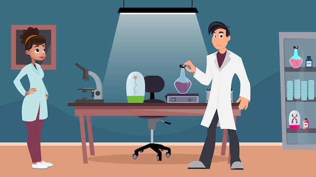 Vector cartoon scientists running experiments in the laboratory