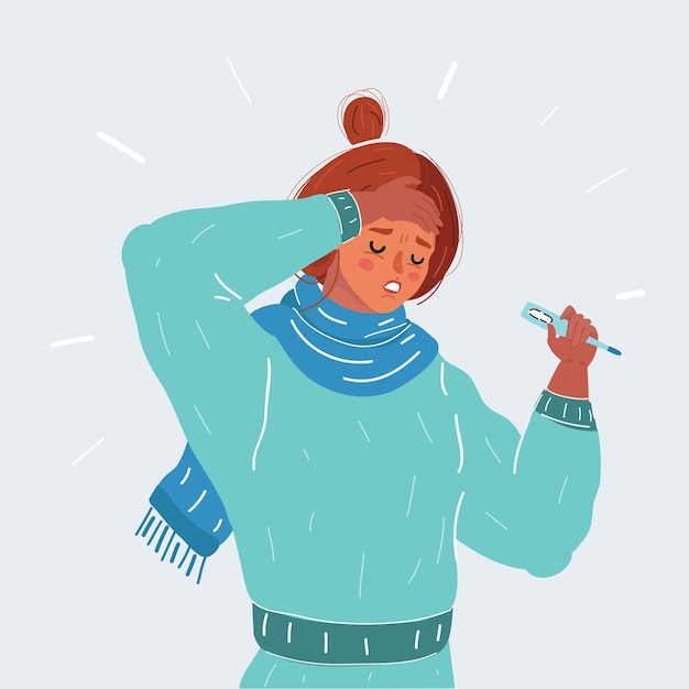 Vector cartoon sick girl with thermometer on white
