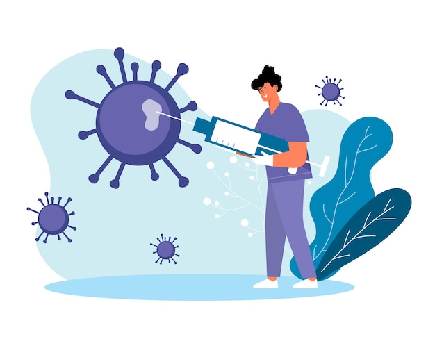 Vector cartoon smiling woman making vaccine process of boosting immune system health using vaccination flu influenza or coronavirus protection vector flat style illustration