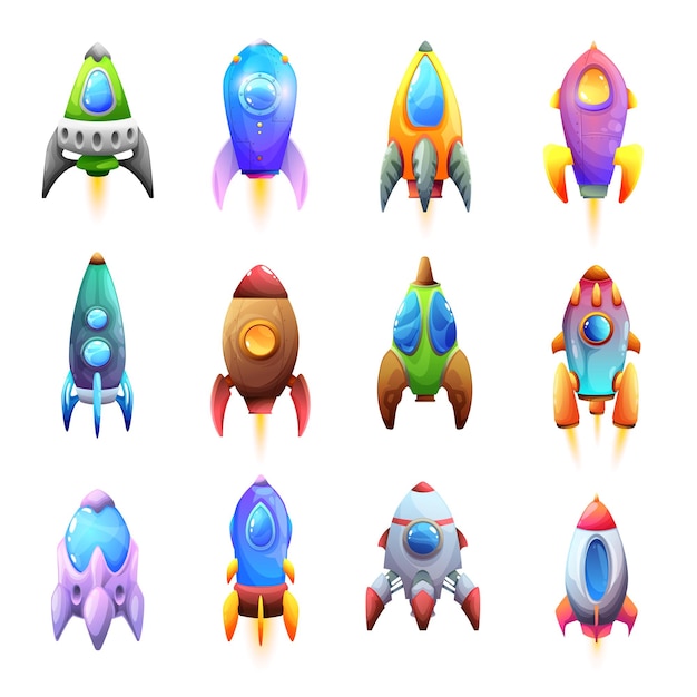 Vector cartoon spacecraft rockets and galaxy spaceships