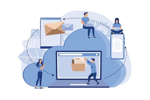 Vector cartoon style cloud storage data processing message sending illustration for web design marketing